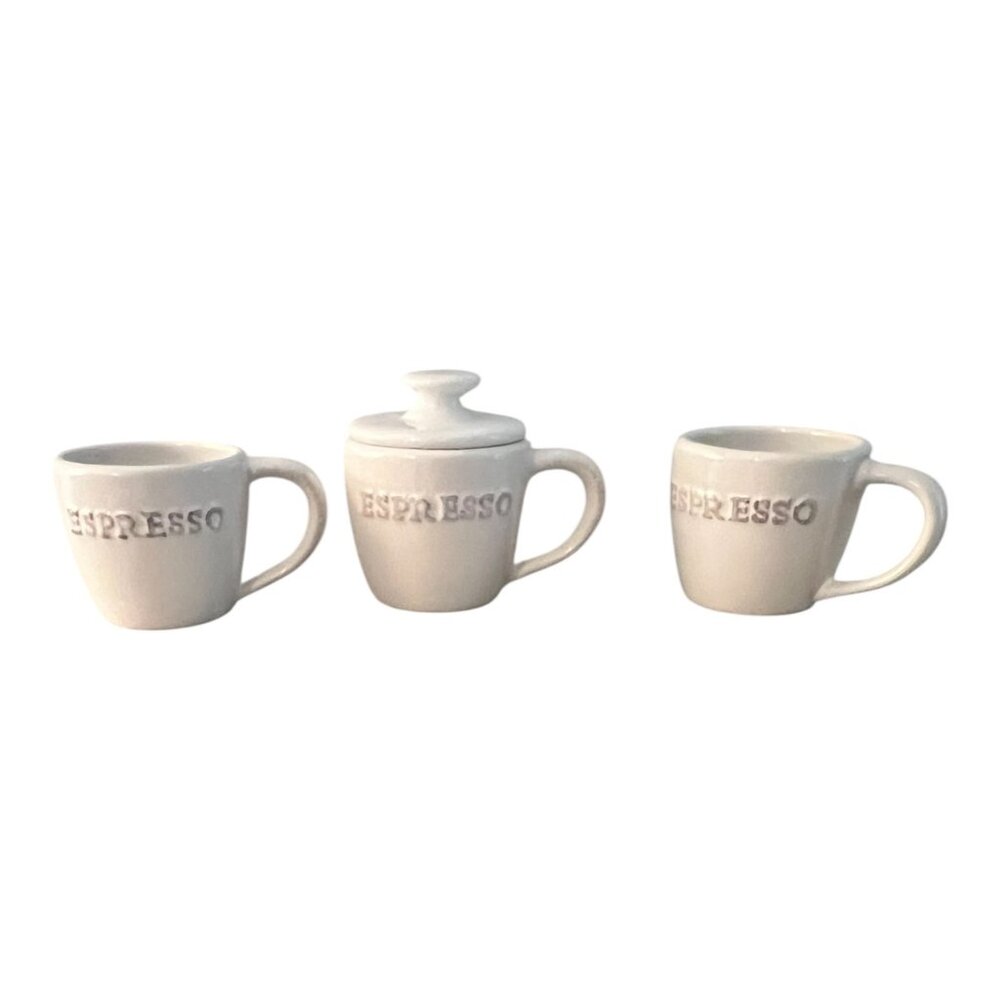 Vintage Pottery Barn Embossed Espresso Cup Set 3 Cups & Lid  2" Tall, Ceramic